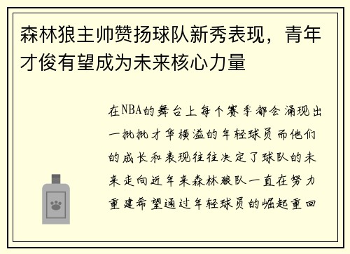 森林狼主帅赞扬球队新秀表现，青年才俊有望成为未来核心力量